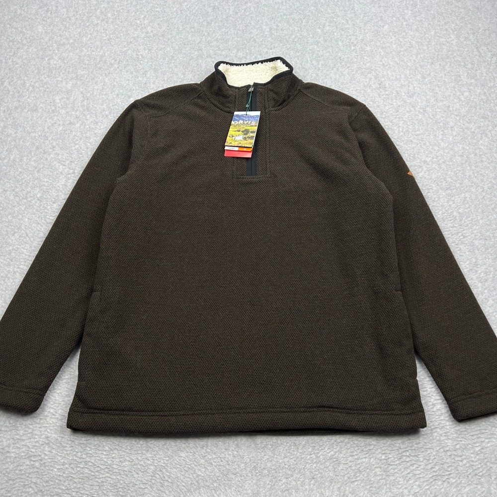 NEW Orvis Sweater Mens Medium Brown 1/4 Zip Sherpa Lined Waffle Knit Pullover